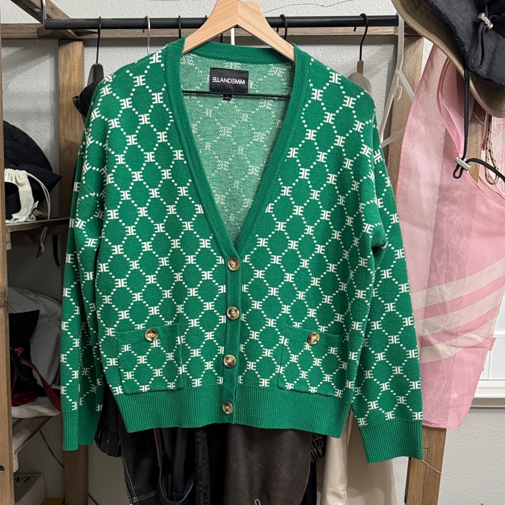 Green monogram cardigan